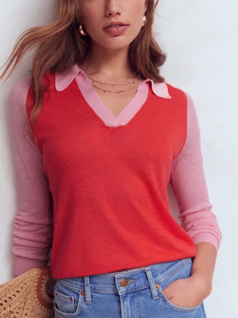 Boden Two-Tone Pink and Red V‑Neck Sweater with Collar